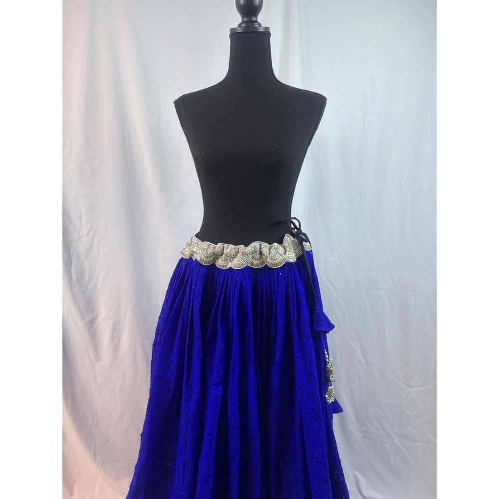 Royal Blue Chikankari Sequin Lehenga Skirt Silver Scalloped Waist Latkan Tassels - Picture 5 of 10